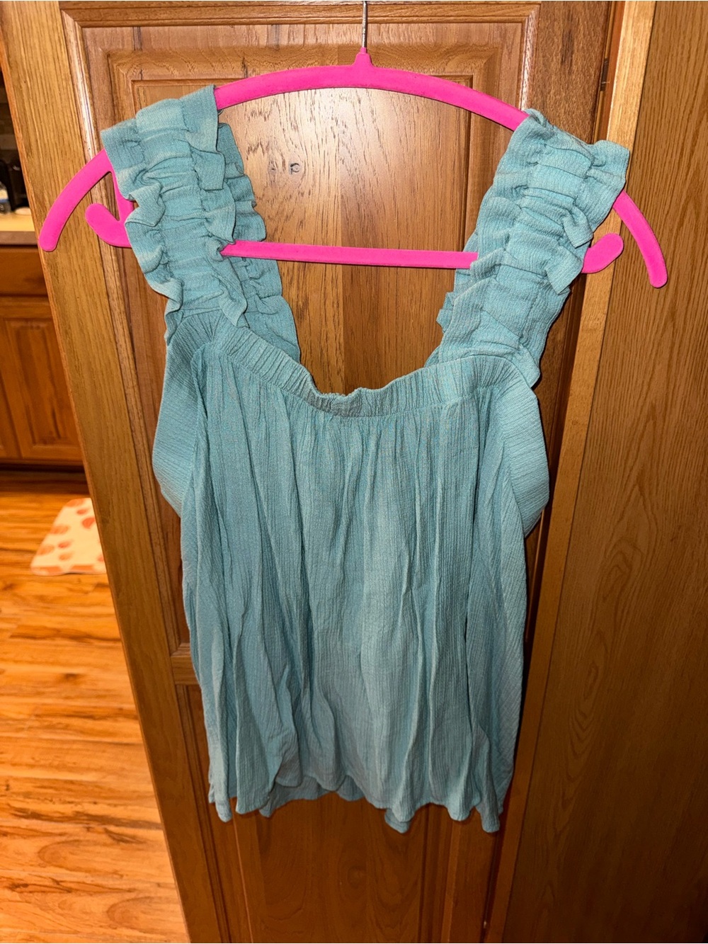 Ruffled Strap Tank Top in Teal Blue